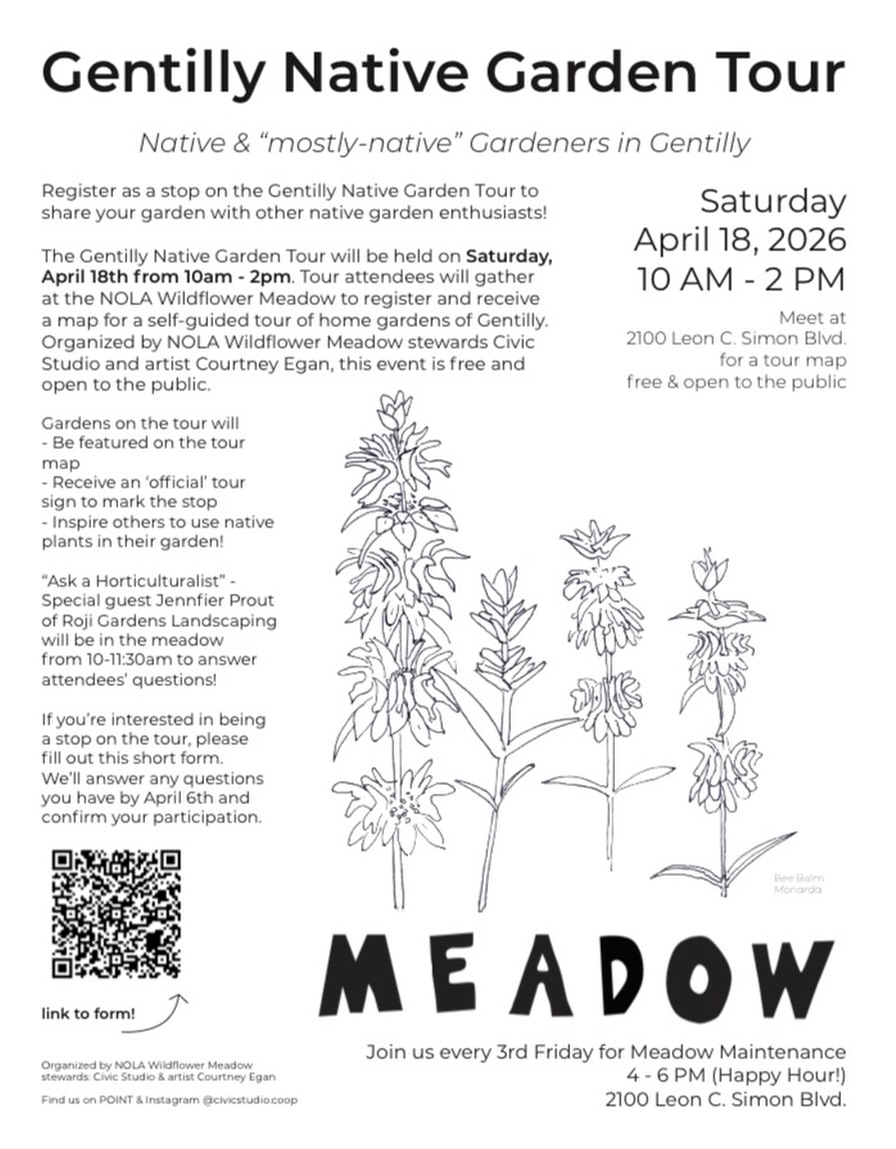 Looking for native plant gardeners in Gentilly!
Join the Gentilly Native Garden Tour! 
Laid back, self-guided, you don’t have to be present and you can attend and see other people’s gardens too! 
QR code - link in bio to put your garden on the map.
.
.
#nativeplants #chillyingentilly #gentillyresiliencedistrict